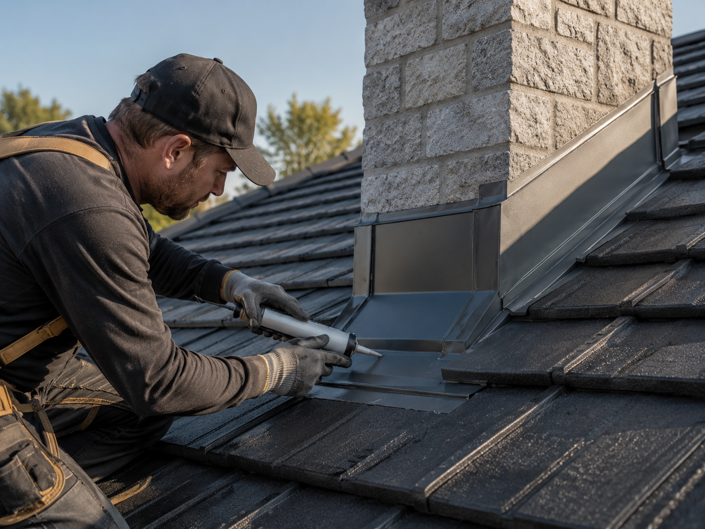Close-up of roof ridge capping and pointing repair work